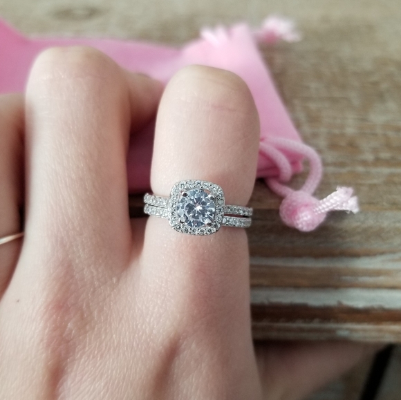 Sterling Silver Halo Simulated Diamond Ring Set - Picture 5 of 6